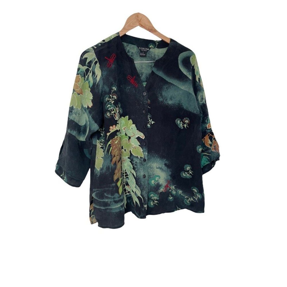 Citron Santa Monica Silk Floral Dragonfly 3/4 Sleeve Shirt L Large